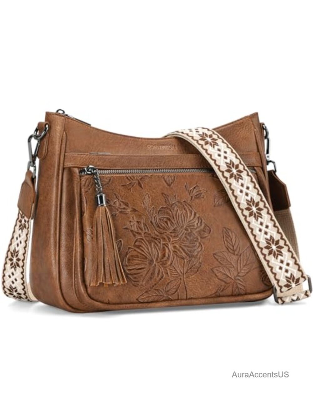 Vegan Leather Crossbody Bag Medium Floral Embossed Wide Strap Women's Purse